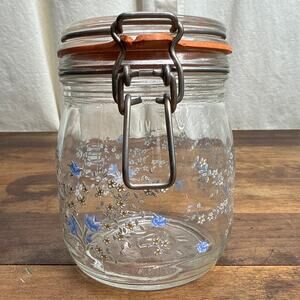 Arc France Niveau De Remplissage Vintage Glass Blue Floral Canister Jar 3/4 L